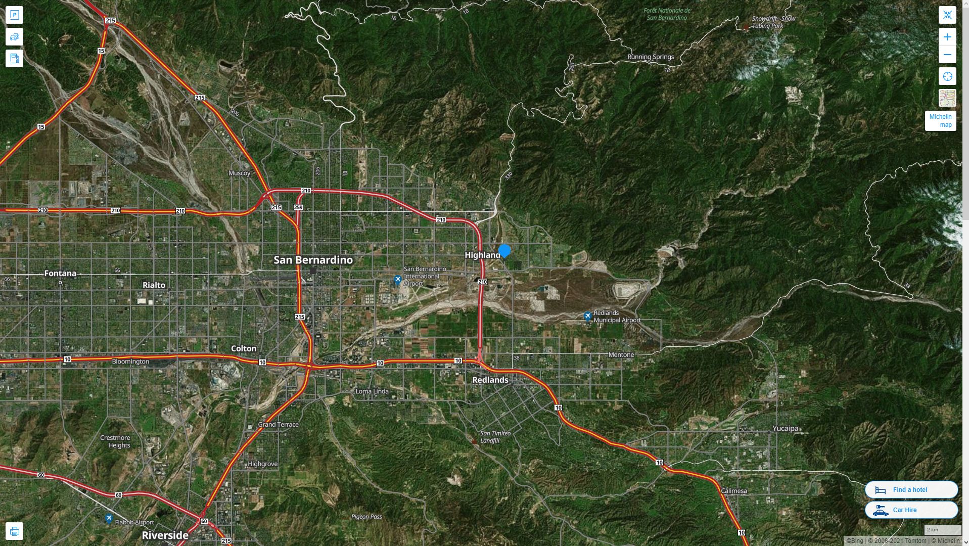Highland California Highway and Road Map with Satellite View